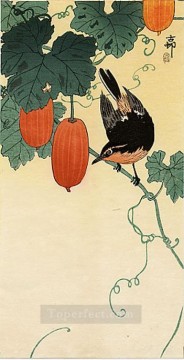  Koson Pintura al %C3%B3leo - un papamoscas en un arbusto de pepino Ohara Koson japonés